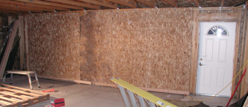 garage with plywood and door